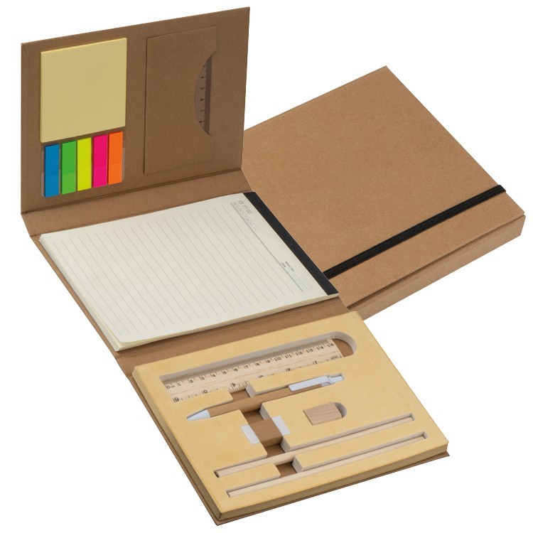 Schreibmappe mit Pappeinband, Lineal, Schreibblock und Haftmarkern