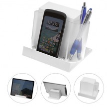 Smartphone-/Tabletständer mit Zettelbox - gefrostet glasklar/weiß