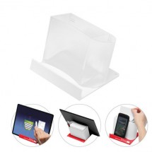 Smartphone-/Tabletständer mit Zettelspeicher - gefrostet glasklar/weiß