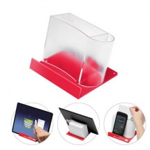 Smartphone-/Tabletständer mit Zettelspeicher - gefrostet glasklar/rot