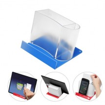 Smartphone-/Tabletständer mit Zettelspeicher - gefrostet glasklar/blau