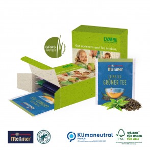 Premium-Tee in der Werbebox auf Graspapier, Klimaneutral, FSC®,Meßmer