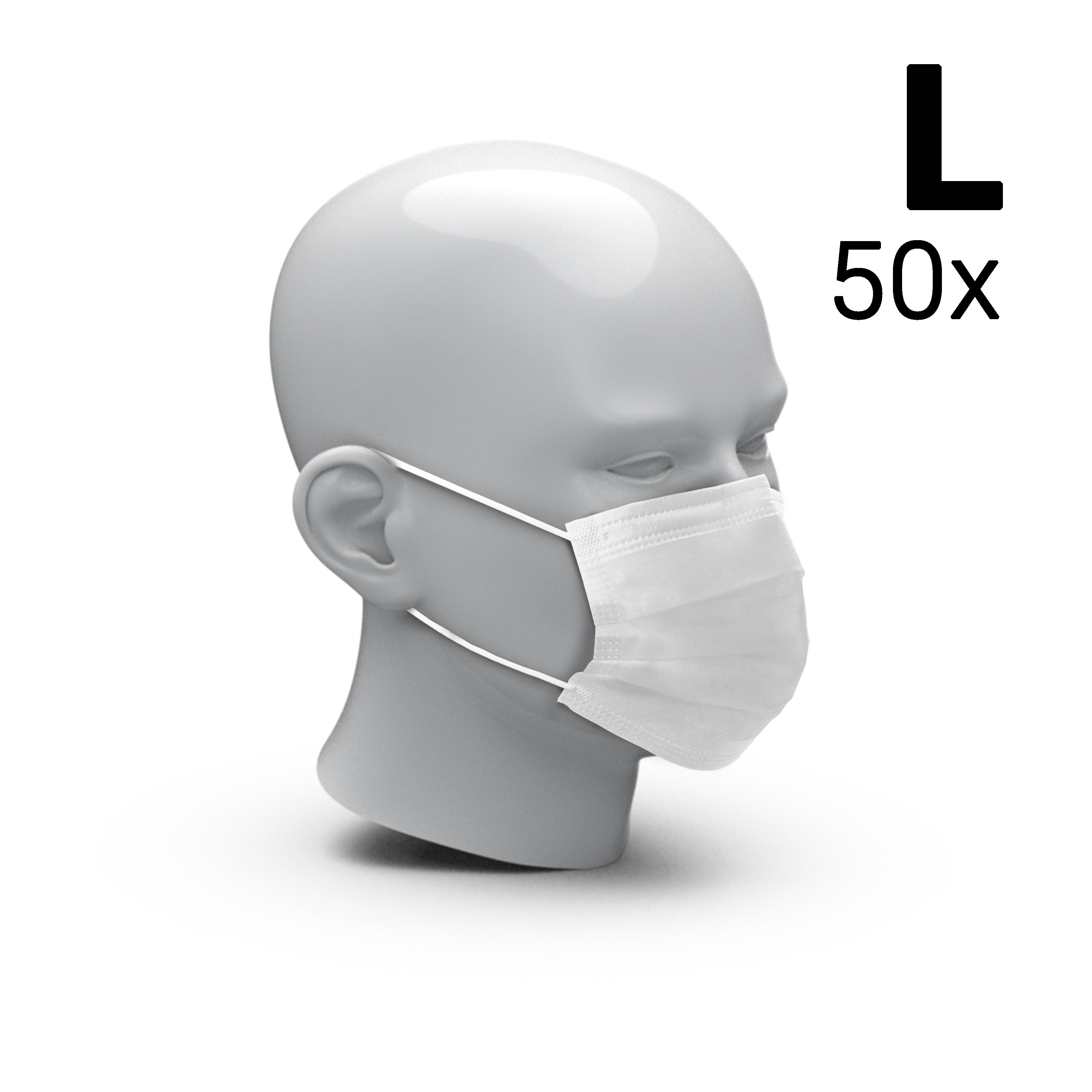 Mund-Nasen-Schutz "3-Ply" 50er Set, Größe L, weiß