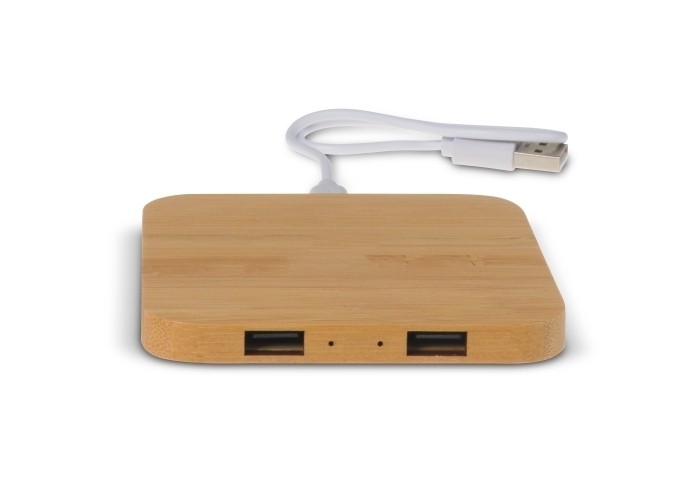 Induktive Ladestation aus Bambus inkl. 2 USB-Anschlüssen 5W, Holz bedruckt  als Werbeartikel 550.202568