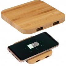 Wireless Charger aus Bambus mit 2 USB-Hubs - beige