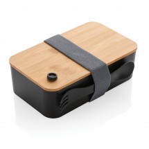 PP Lunchbox mit Bambusdeckel & Göffel, schwarz