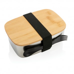 Stainless Steel Lunchbox mit Bambus-Deckel und Göffel, silbe